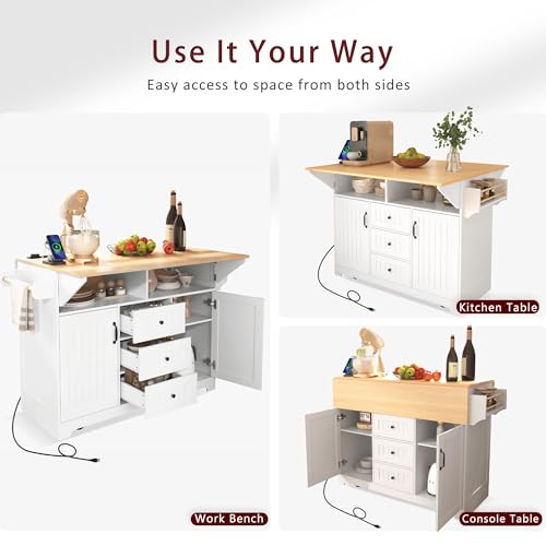 55.7'' Rolling Kitchen Island with 2 Drop Leaves and 3 Drawers T5933