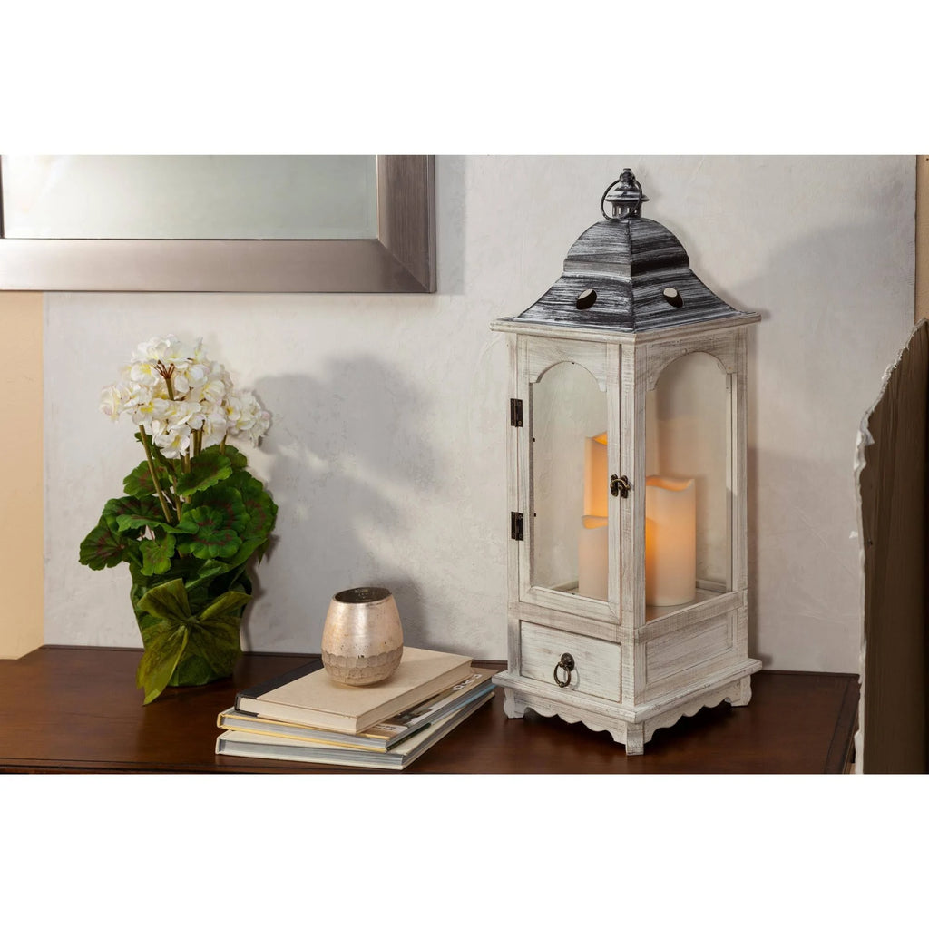 Faded White Wood Lantern with Metal Top & Glass Windows D45533