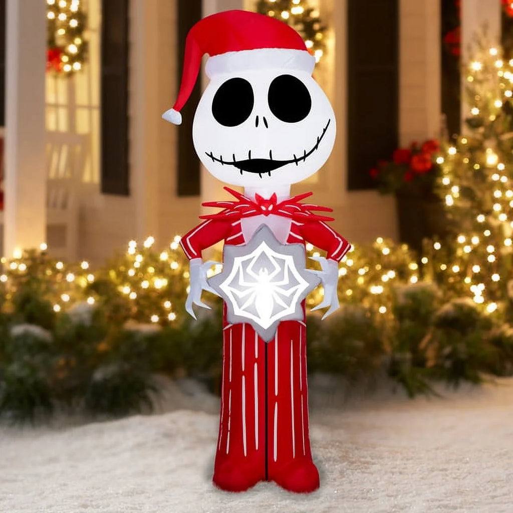 5.5 Foot Stylized Jack Skellington Inflatable with Spider Snowflake and Sally Holding Wreath V1694