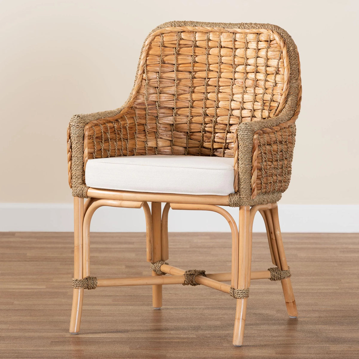 Natural Brown Woven Rattan Dining Arm Chair with Cushion H42250