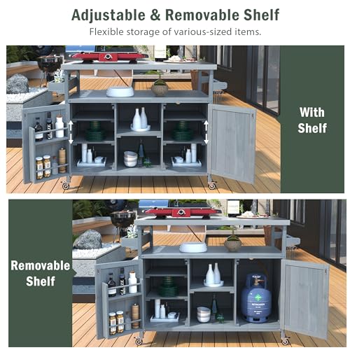 Solid Wood Grill Table with Stainless Steel Top and Internal Storage Racks S11441
