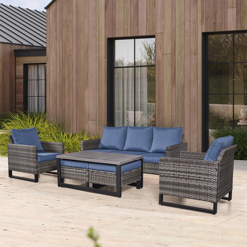Blue Cushion Rattan Patio Furniture Set with Sofa, Chairs, Coffee Table and Ottomans G435007