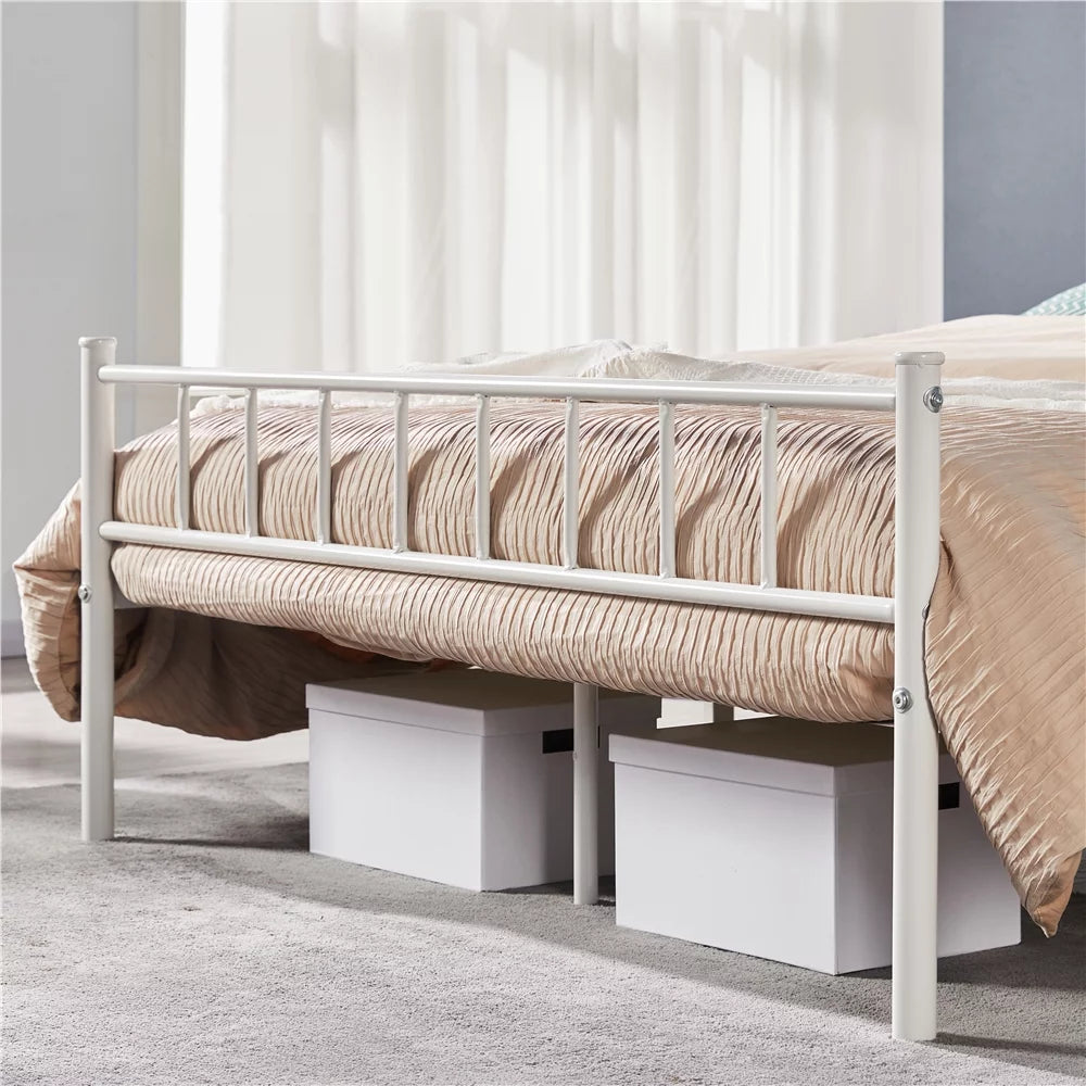 Queen Metal Platform Bed with Spindle Headboard and Footboard, White I1925