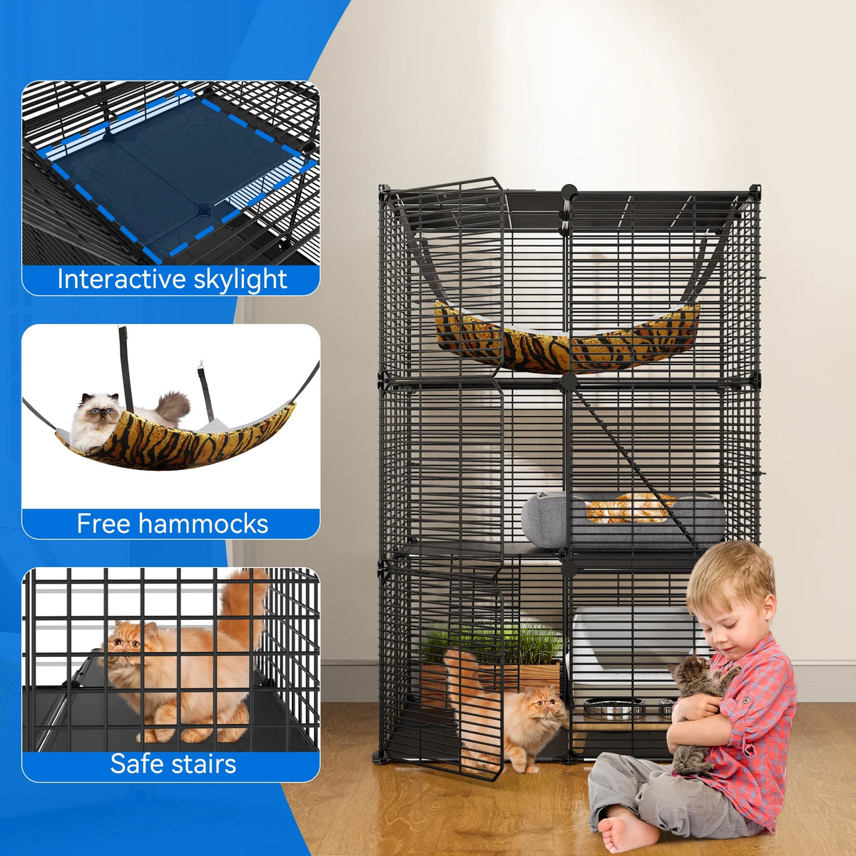 Indoor Cat Cage with Extra Large Hammock for Multiple Small Animals, 28"L x 28"W x 41"H, Black N31150