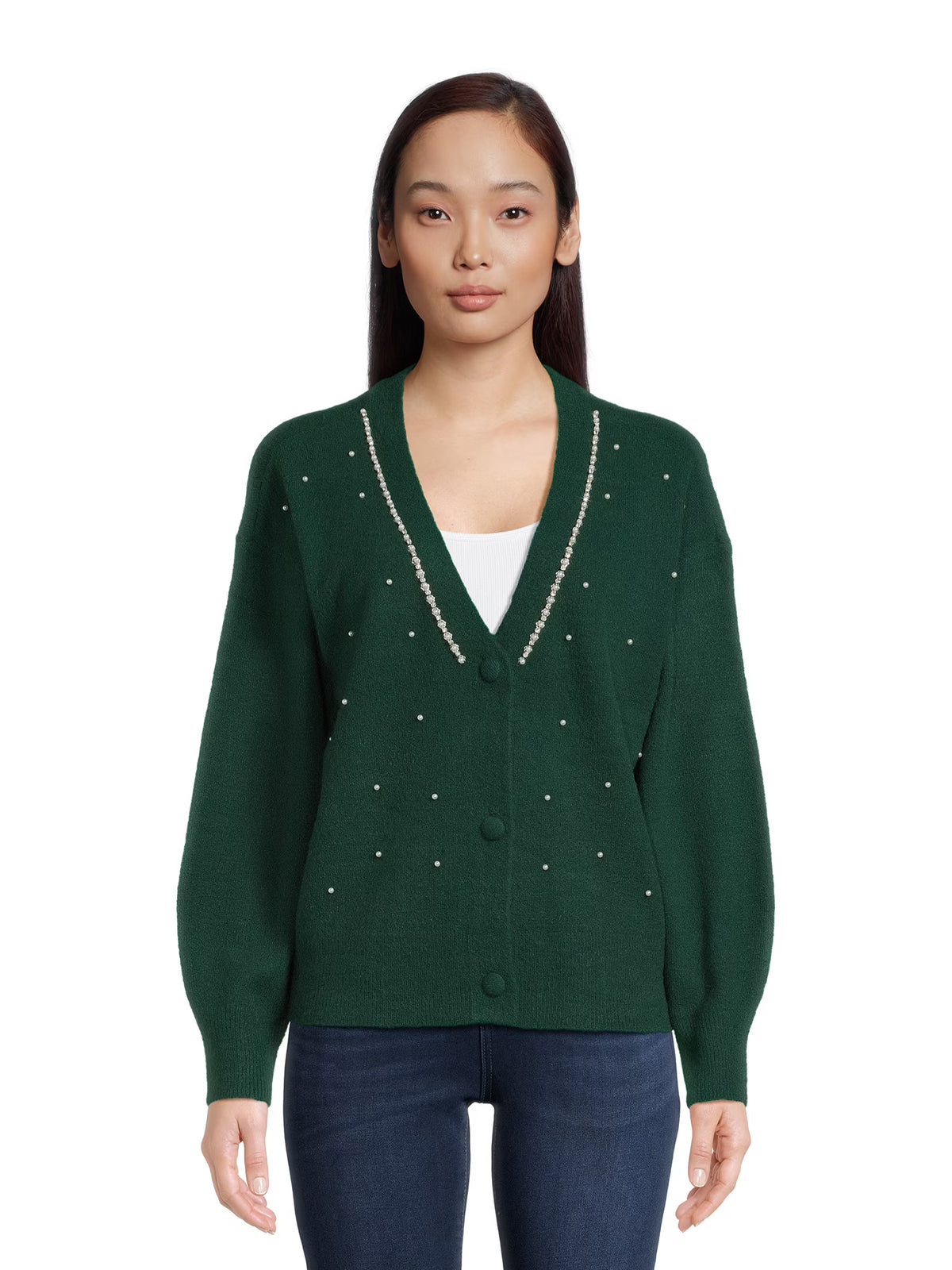 Women's V-Neck Embellished Button Front Cardigan with Long Sleeves T303