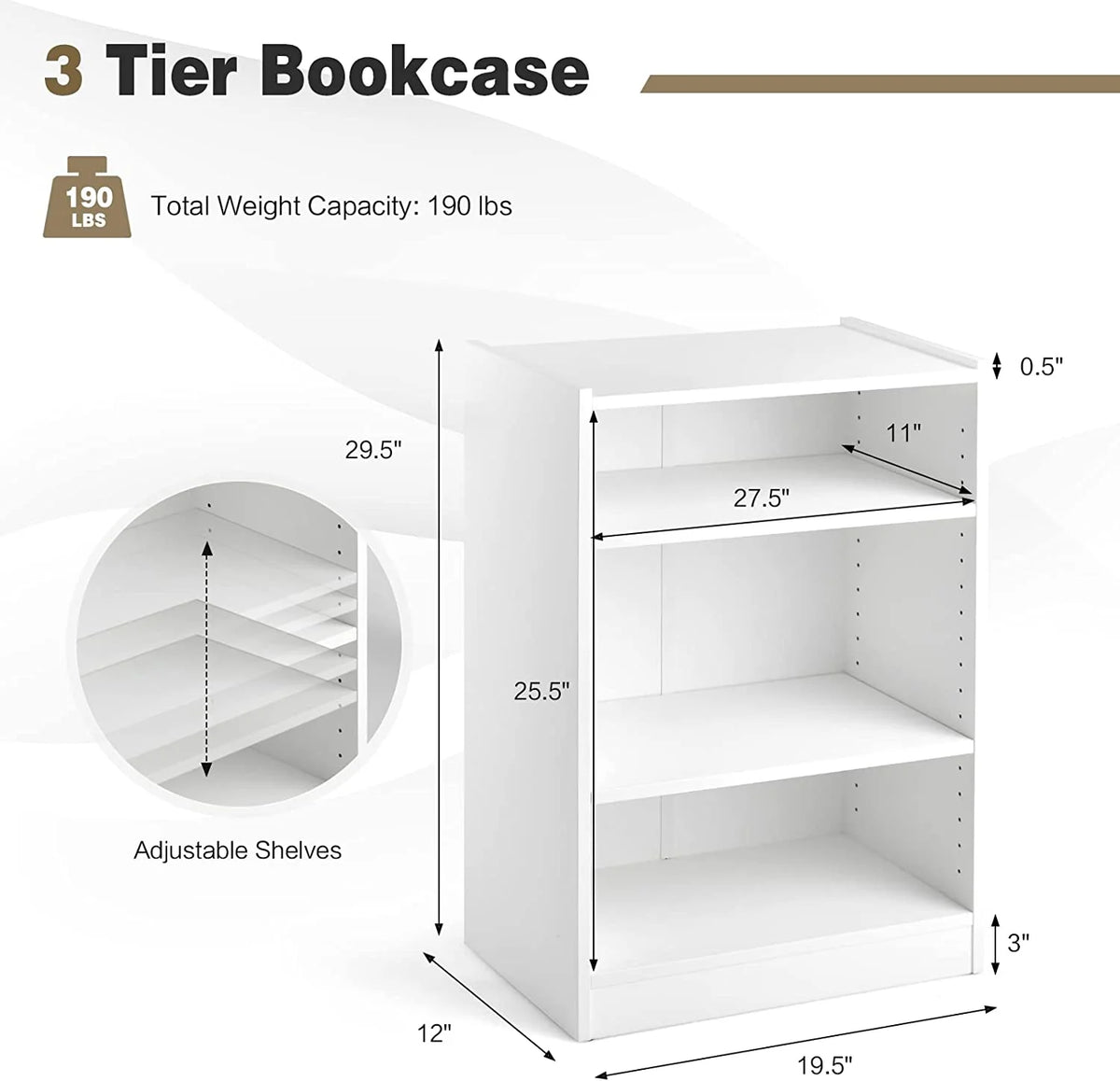 3-Tier Open Bookcase with Adjustable Shelves C99214