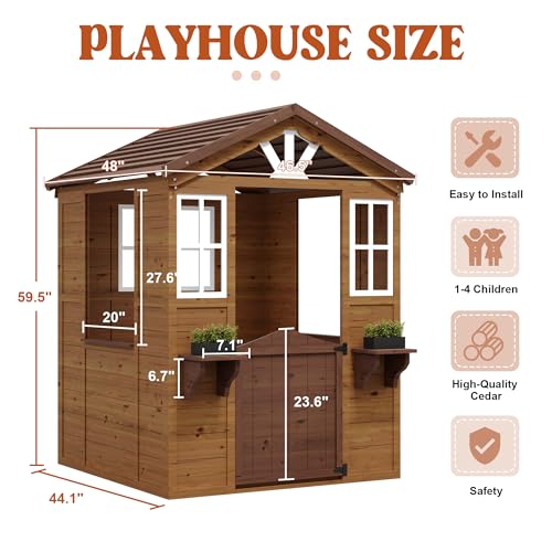 Cedar Wooden Kids Playhouse with Play Kitchen and Vinyl Roof K818792