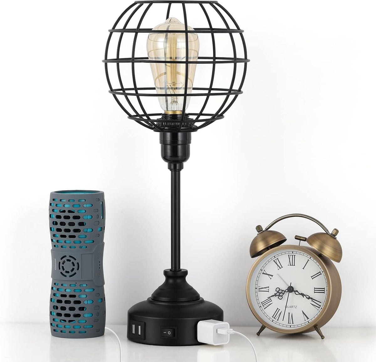 Industrial Table Lamp with USB Ports and Outlets E654356