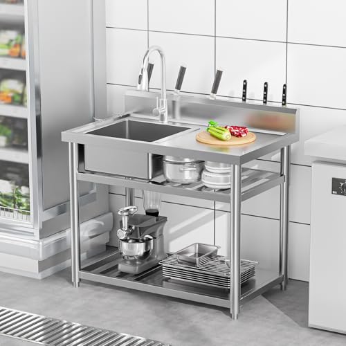 Stainless Steel Freestanding Utility Sink with Workbench Drawer Double Shelves Y566