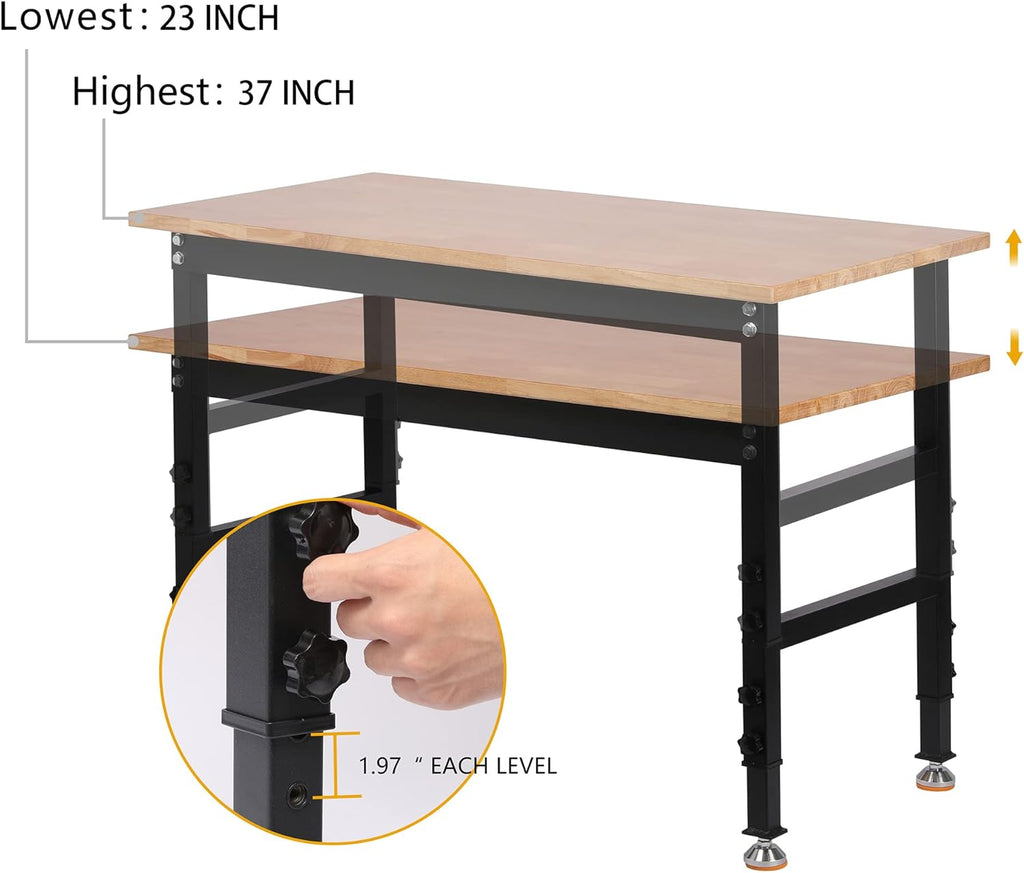 48 Heavy-Duty Adjustable Workbench Rubber Wood Shop Table S564