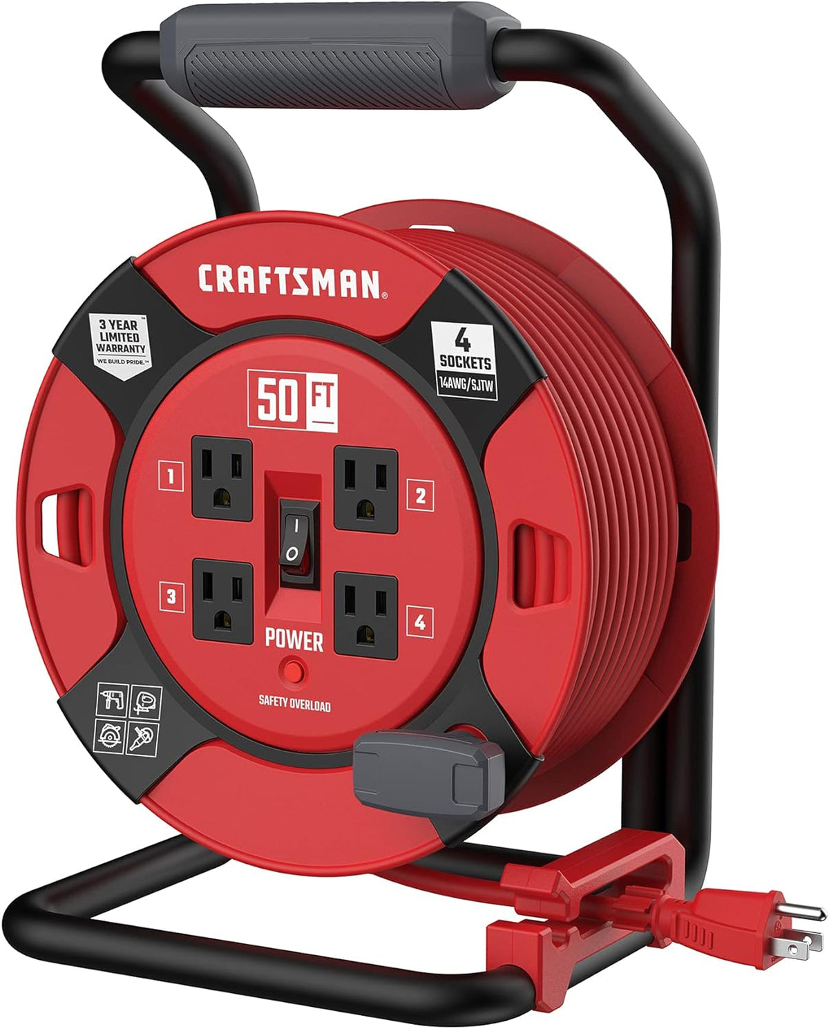 Heavy Duty Retractable Extension Cord, 100 feet with 4 Outlets P166092