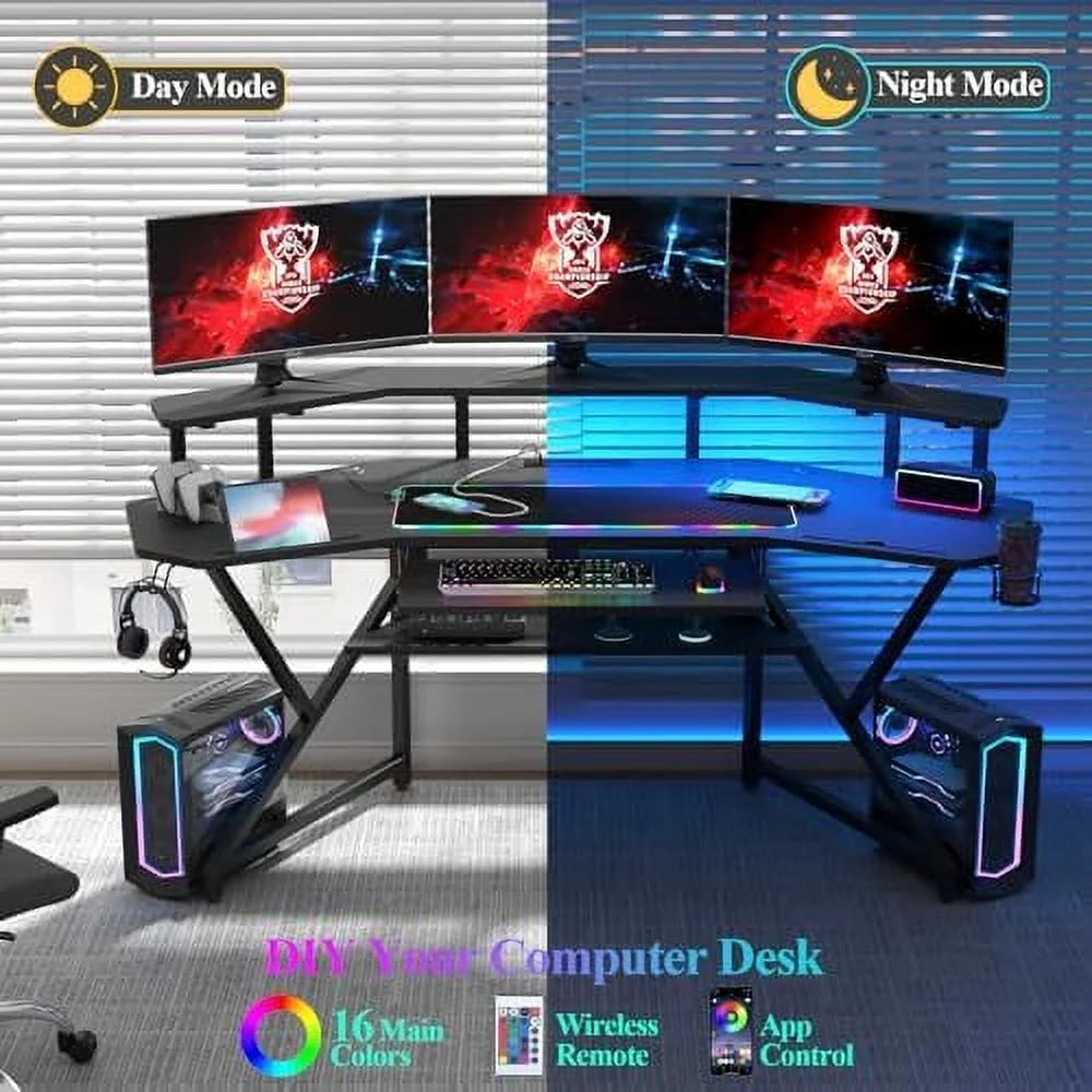 72" Gaming Desk with Power Outlet & Led Strip N8545