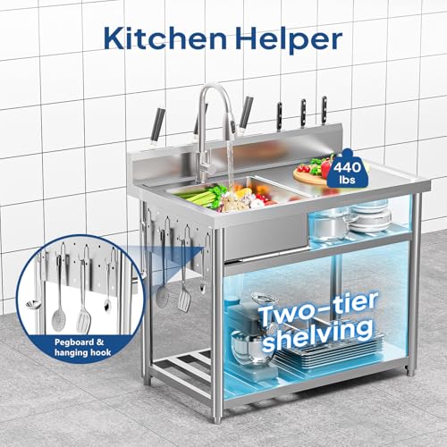 Stainless Steel Freestanding Utility Sink with Workbench Drawer Double Shelves Y566