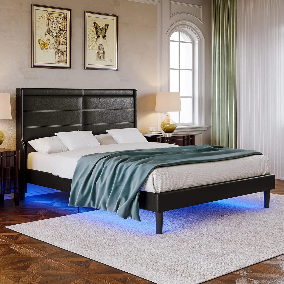 Antique Black PU Leather Upholstered LED Queen Size Platform Bed Frame W98874