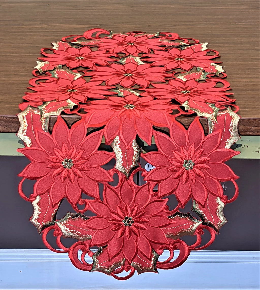 Christmas Table Runner with Red Cutwork Poinsettias, 34 x 15 inches U407319