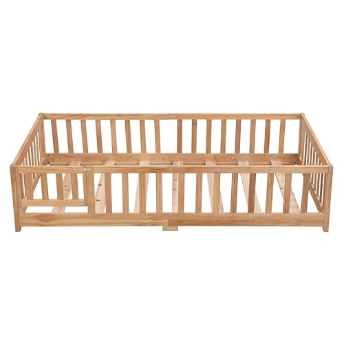 Gray Solid Wood Twin Size Floor Bed with Rails and Slats B465