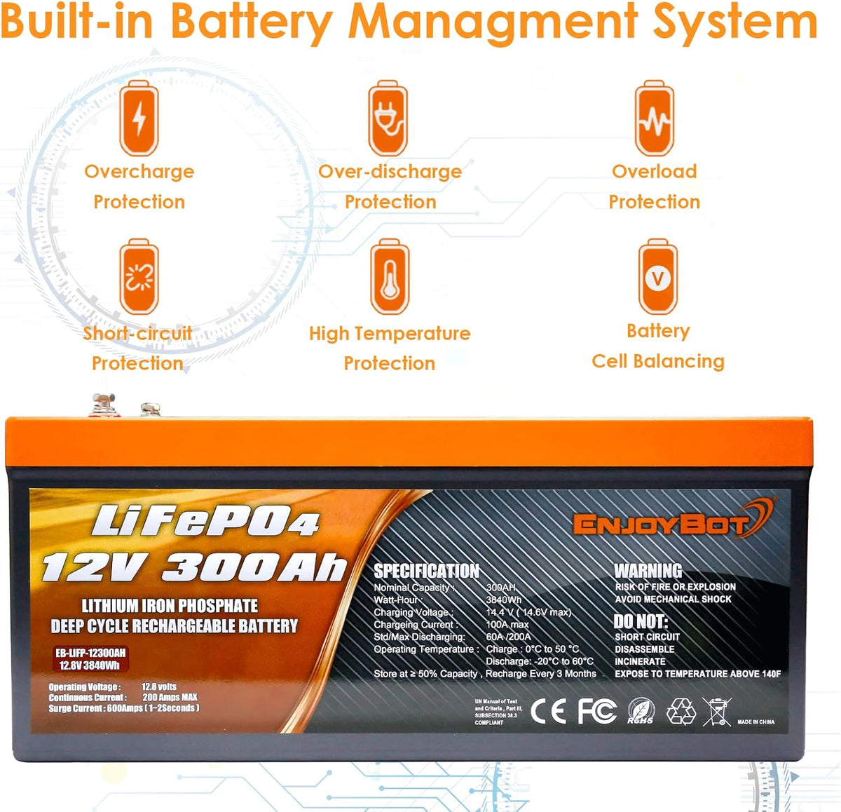 LiFePO4 12V 300Ah Lithium Iron Phosphate Battery with 200A BMS V874