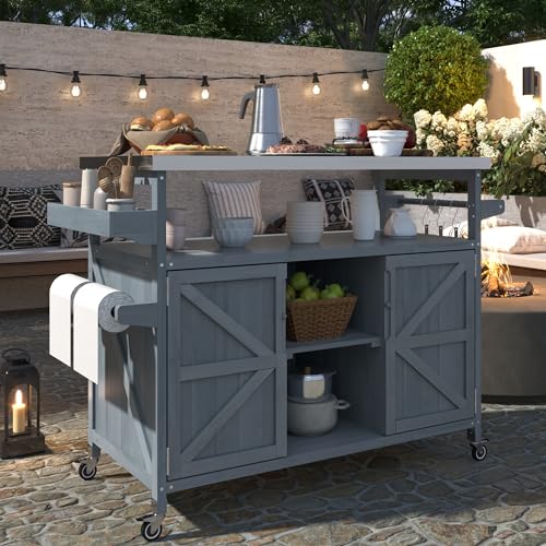 Solid Wood Grill Table with Stainless Steel Top and Internal Storage Racks S11441