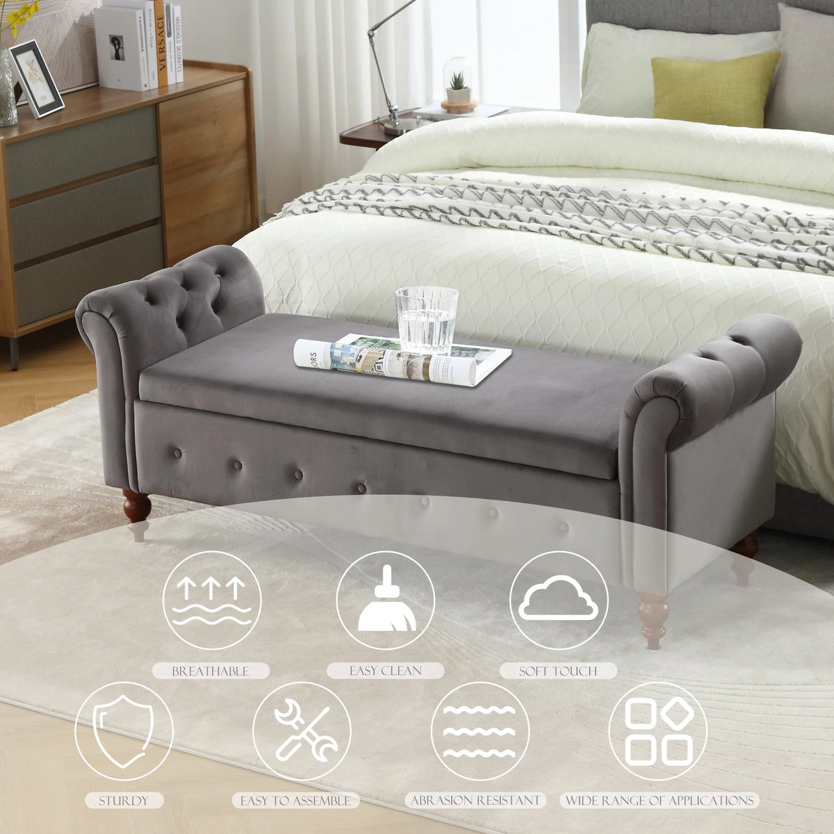 Gray Velvet Upholstered Storage Bench with Arms C91648