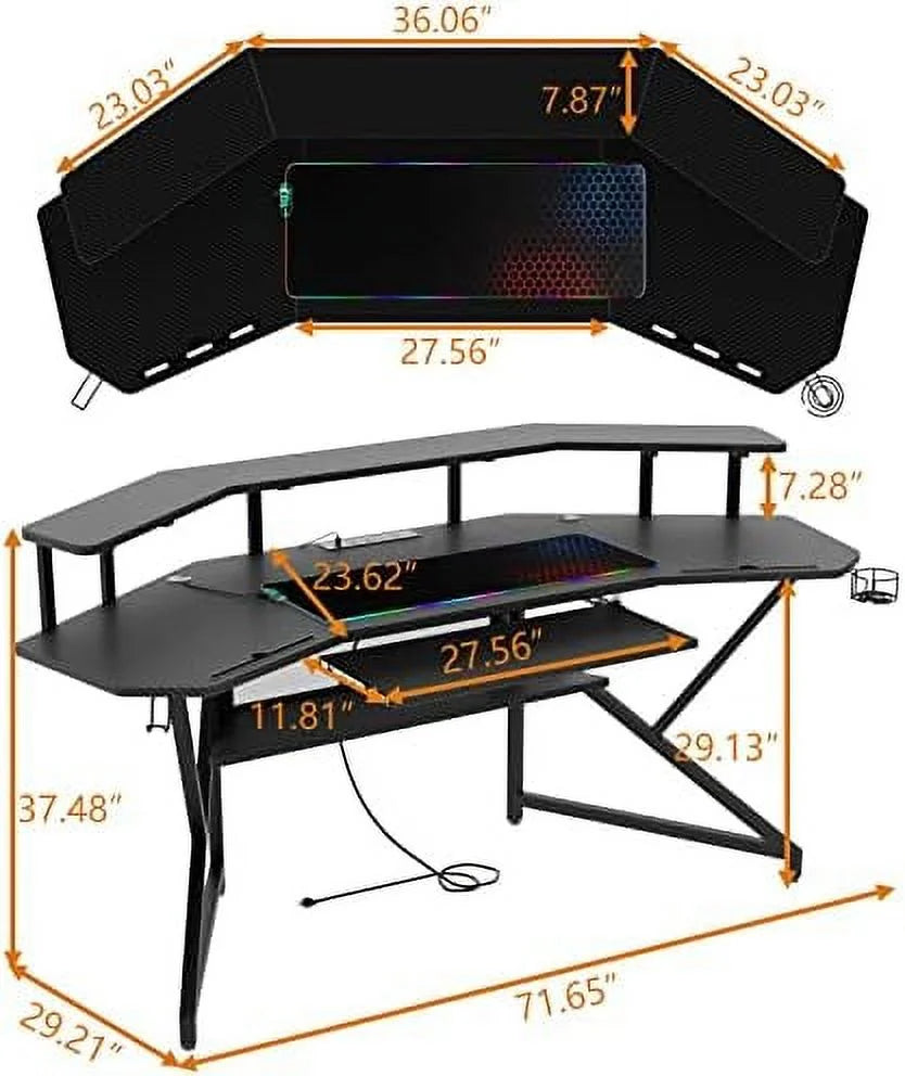 72" Gaming Desk with Power Outlet & Led Strip N8545