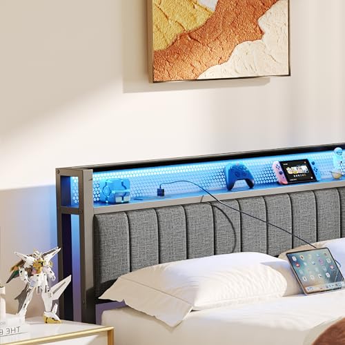 Gray Queen Size Metal Platform Bed Frame with Storage Headboard A7787