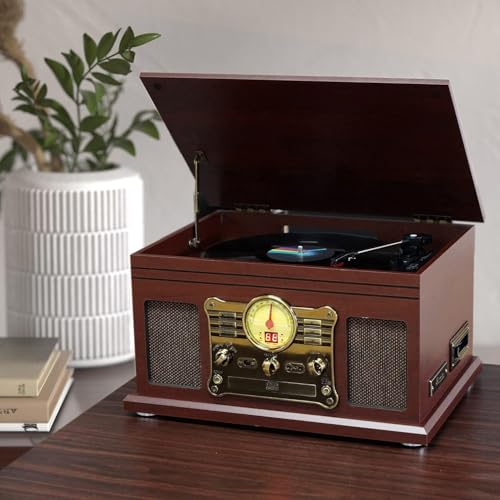 Mahogany Bluetooth Turntable with Speakers E5499