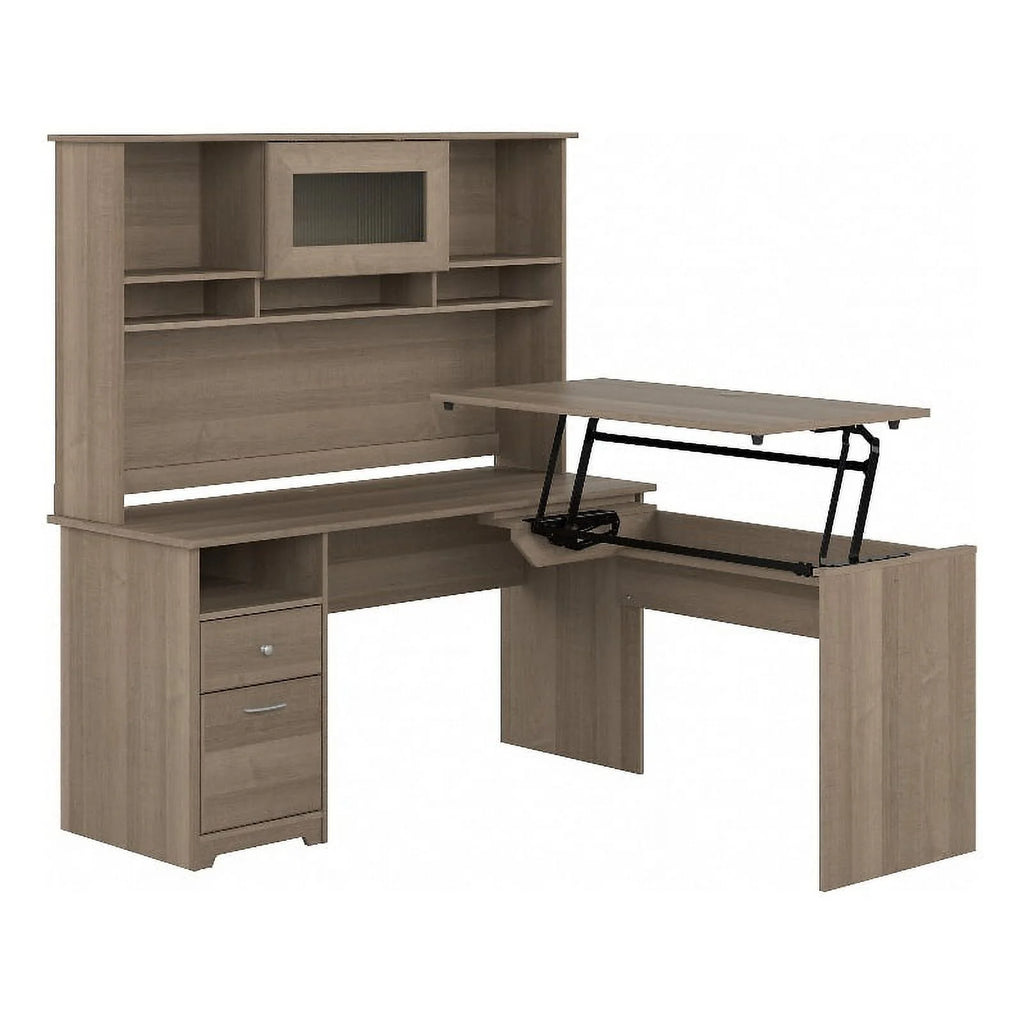 Ash Gray Engineered Wood Sit to Stand L Desk with Hutch A981083