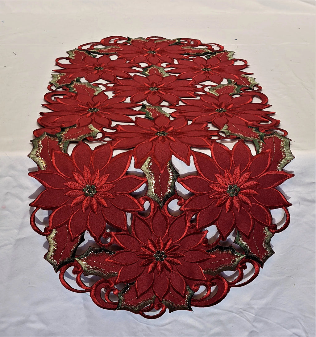 Christmas Table Runner with Red Cutwork Poinsettias, 34 x 15 inches U407319