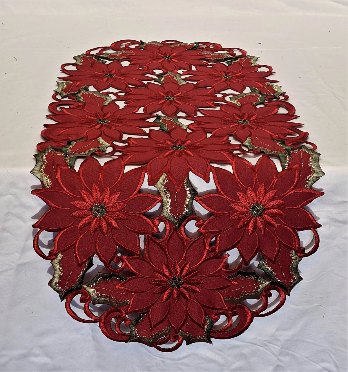 Christmas Table Runner with Red Cutwork Poinsettias, 34 x 15 inches U407319