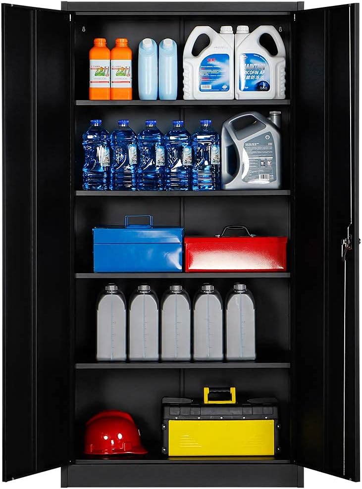 Black 70.8 H Metal Storage Cabinet with 4 Adjustable Shelf and 2 Locking Doors W764092