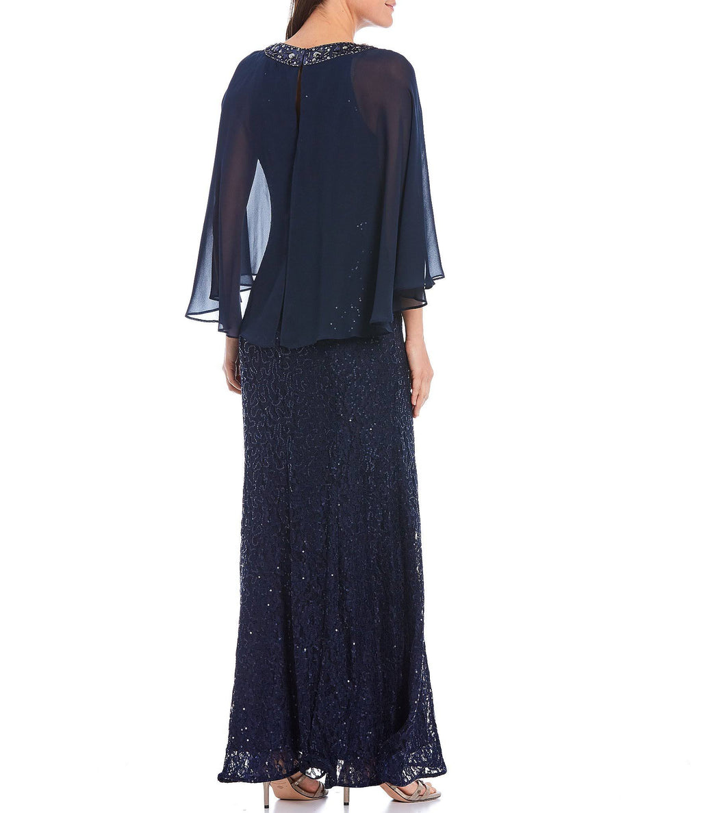 Sequin Lace Chiffon Capelet Gown I10418