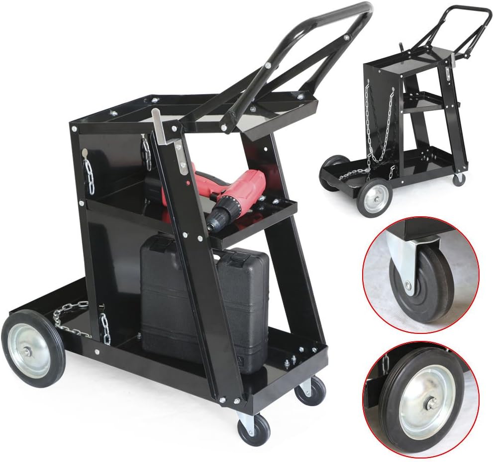 Black Heavy Duty Rolling Welding Cart with Wheels and Tank Storage J19893