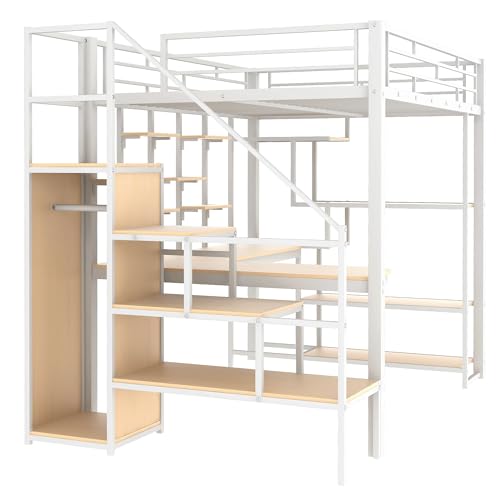 Black Full Size Metal Loft Bed with Storage Staircase and Wardrobe X339