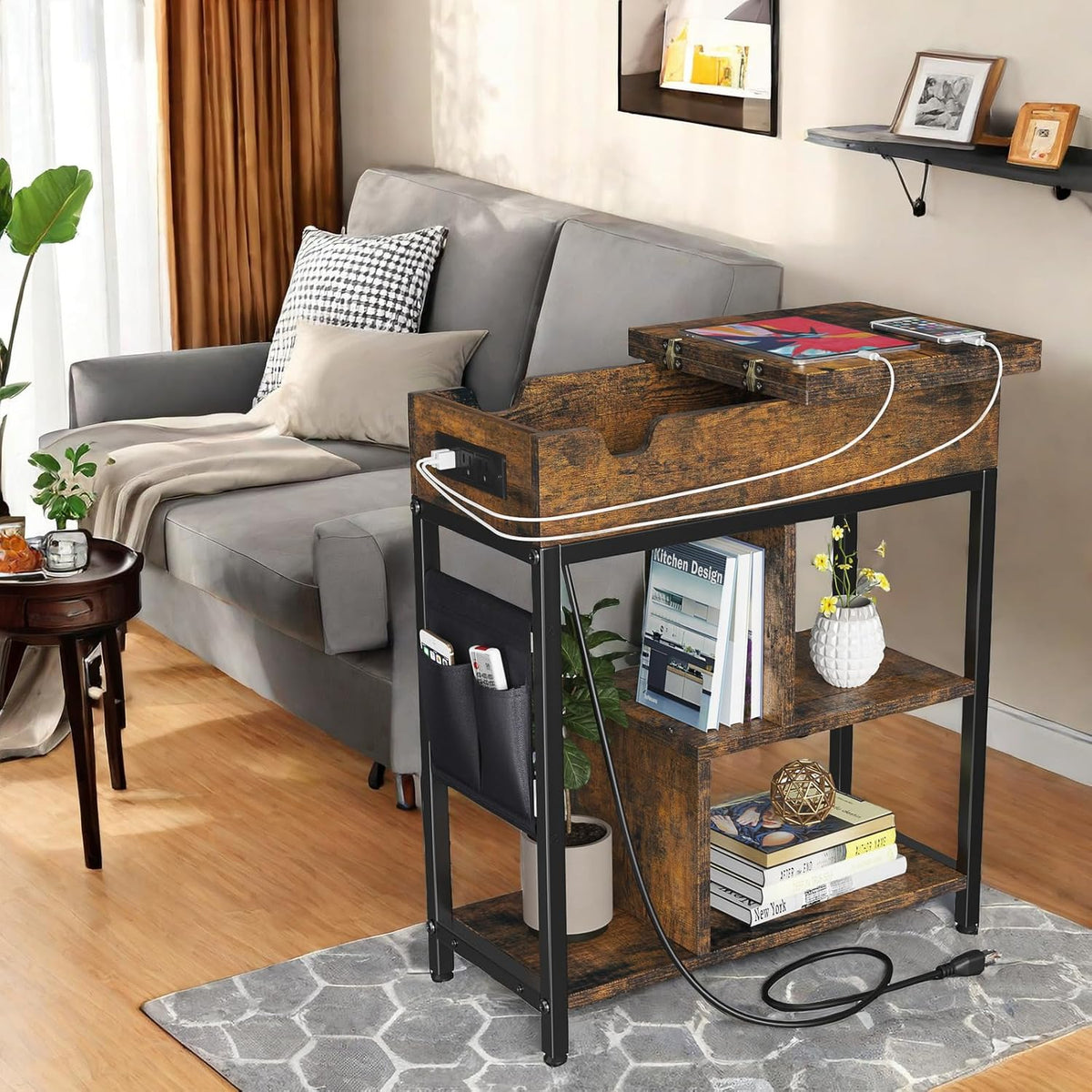Side Table with Charging Station, Flip Top End Table with USB Ports and Outlets M1117