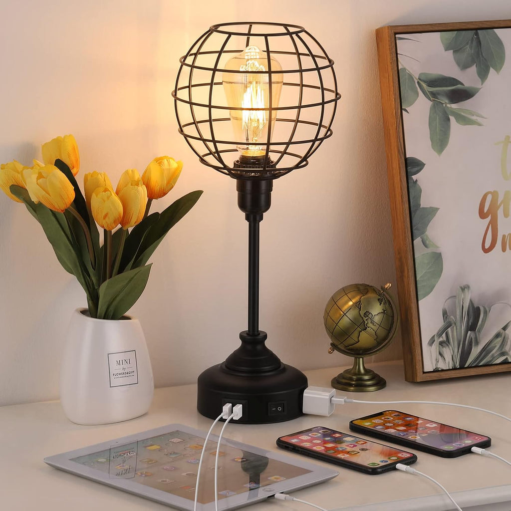 Industrial Table Lamp with USB Ports and Outlets E654356