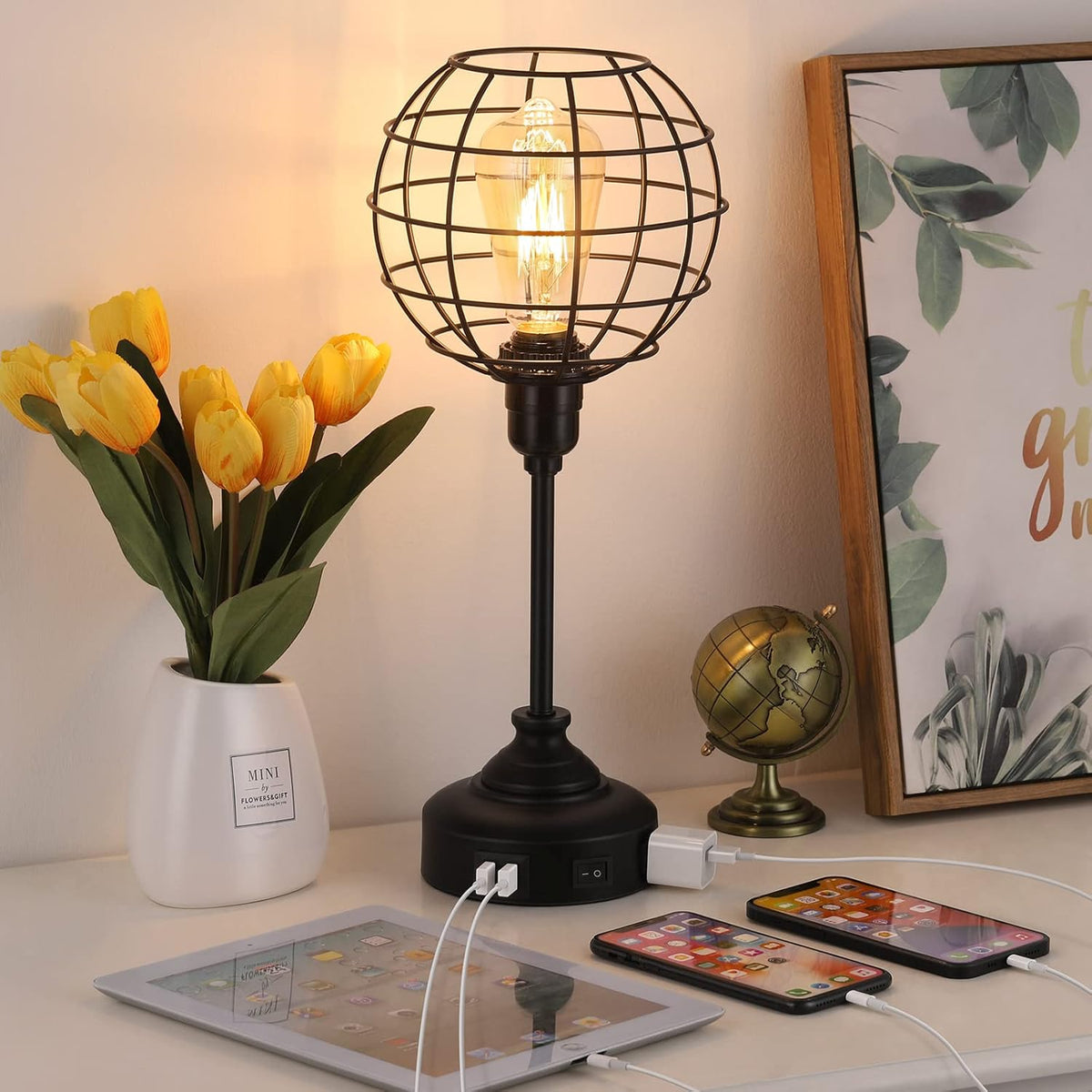 Industrial Table Lamp with USB Ports and Outlets E654356