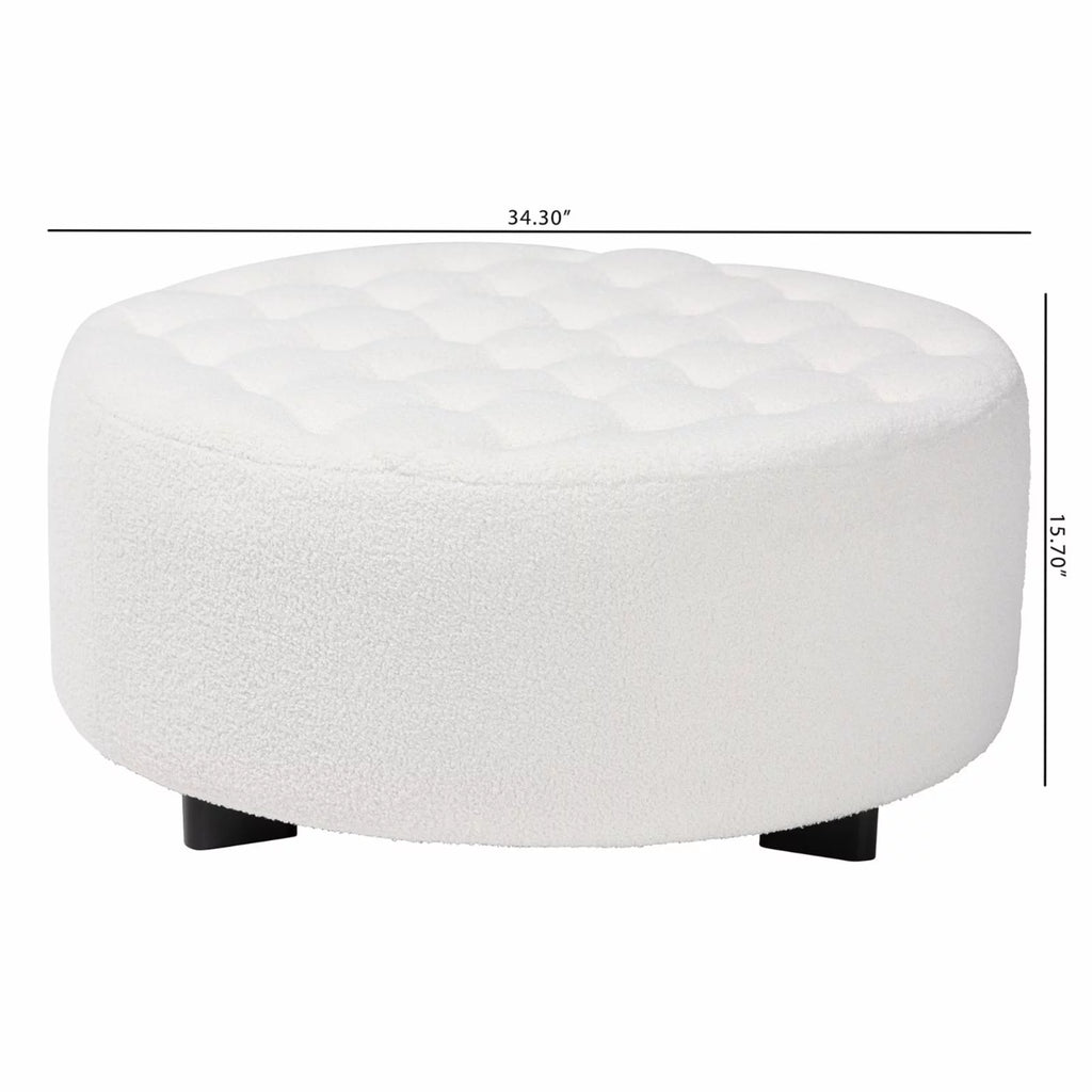 Ivory Boucle Upholstered Black Wood Round Ottoman E9393