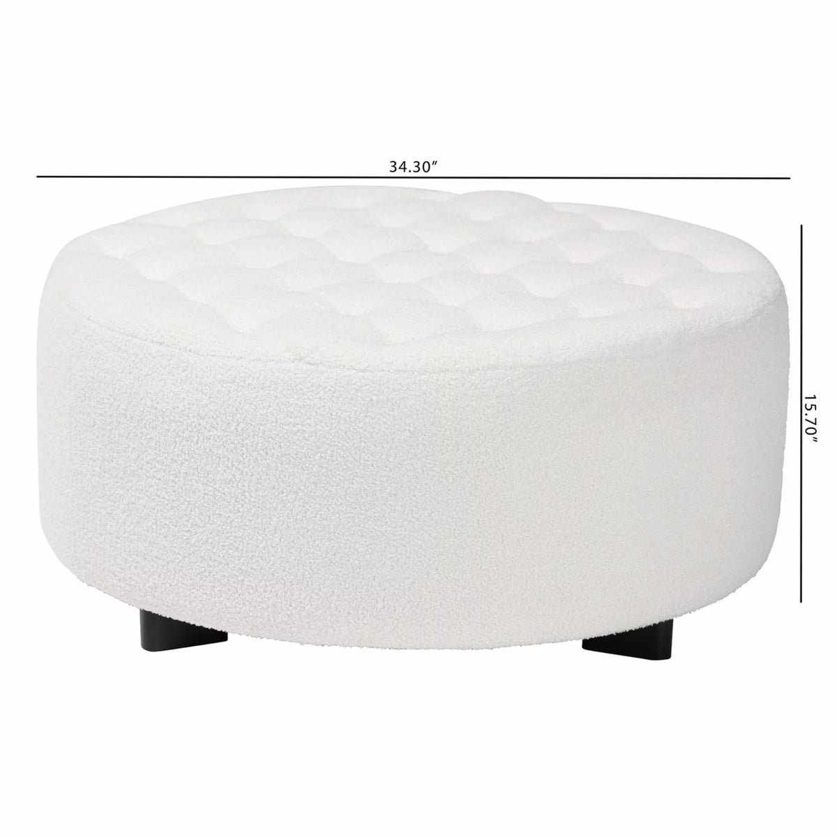 Ivory Boucle Upholstered Black Wood Round Ottoman E9393