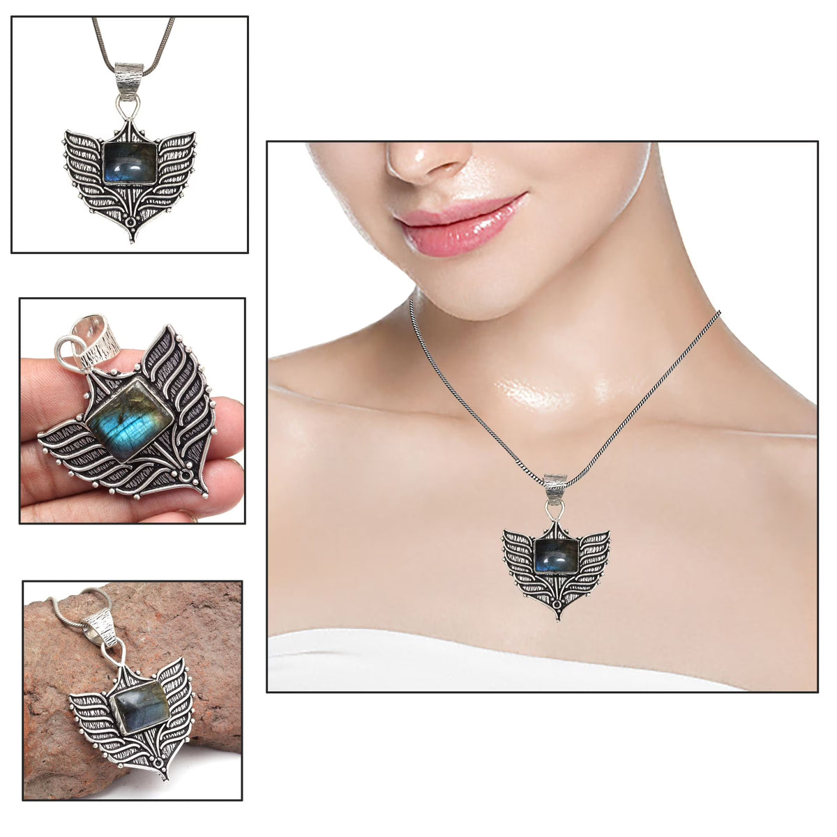Silver 925 Sterling Garnet Gemstone Necklace Labradorite Jewelry Handmade B858