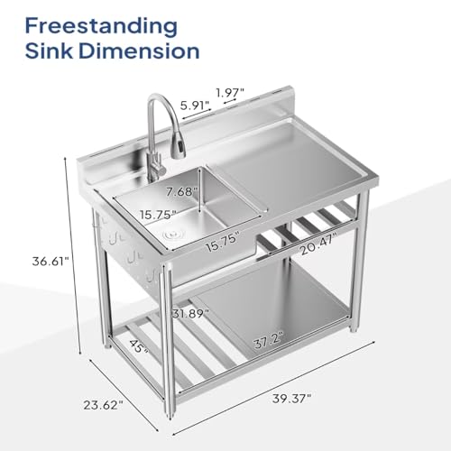Stainless Steel Freestanding Utility Sink with Workbench Drawer Double Shelves Y566