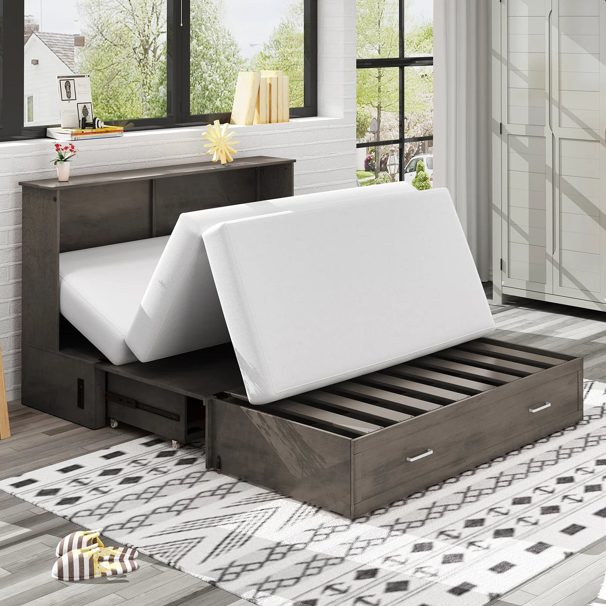 Queen Size Grey Murphy Cabinet Bed with USB Charging Station G61977