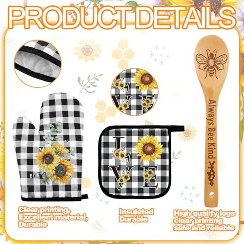 13 Pcs Bee Sunflower Kitchen Decor Set with Wooden Spoons, Kitchen Towels, Apron, Oven Mitts, Pot Holders X51613