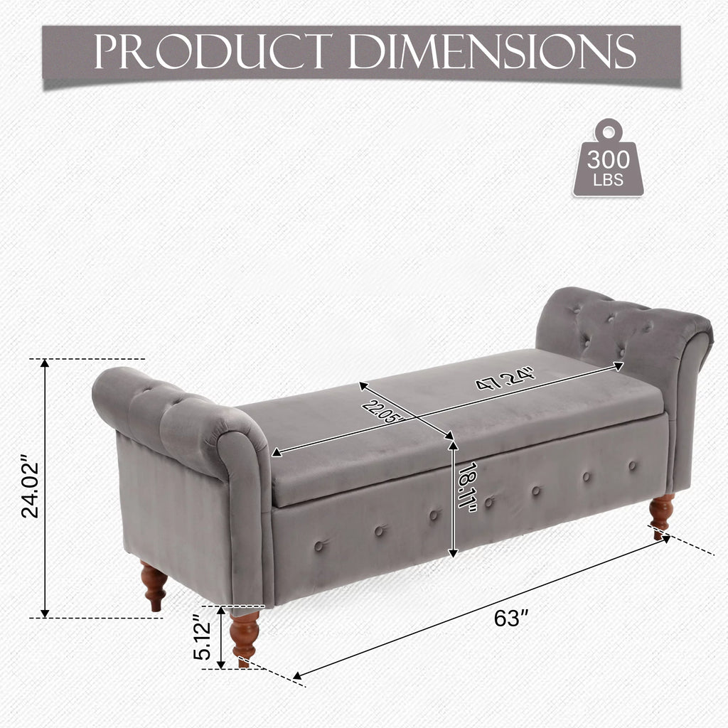 Gray Velvet Upholstered Storage Bench with Arms C91648