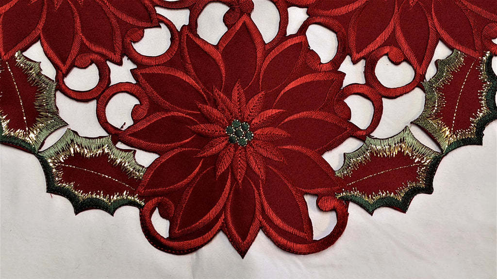 Christmas Table Runner with Red Cutwork Poinsettias, 34 x 15 inches U407319