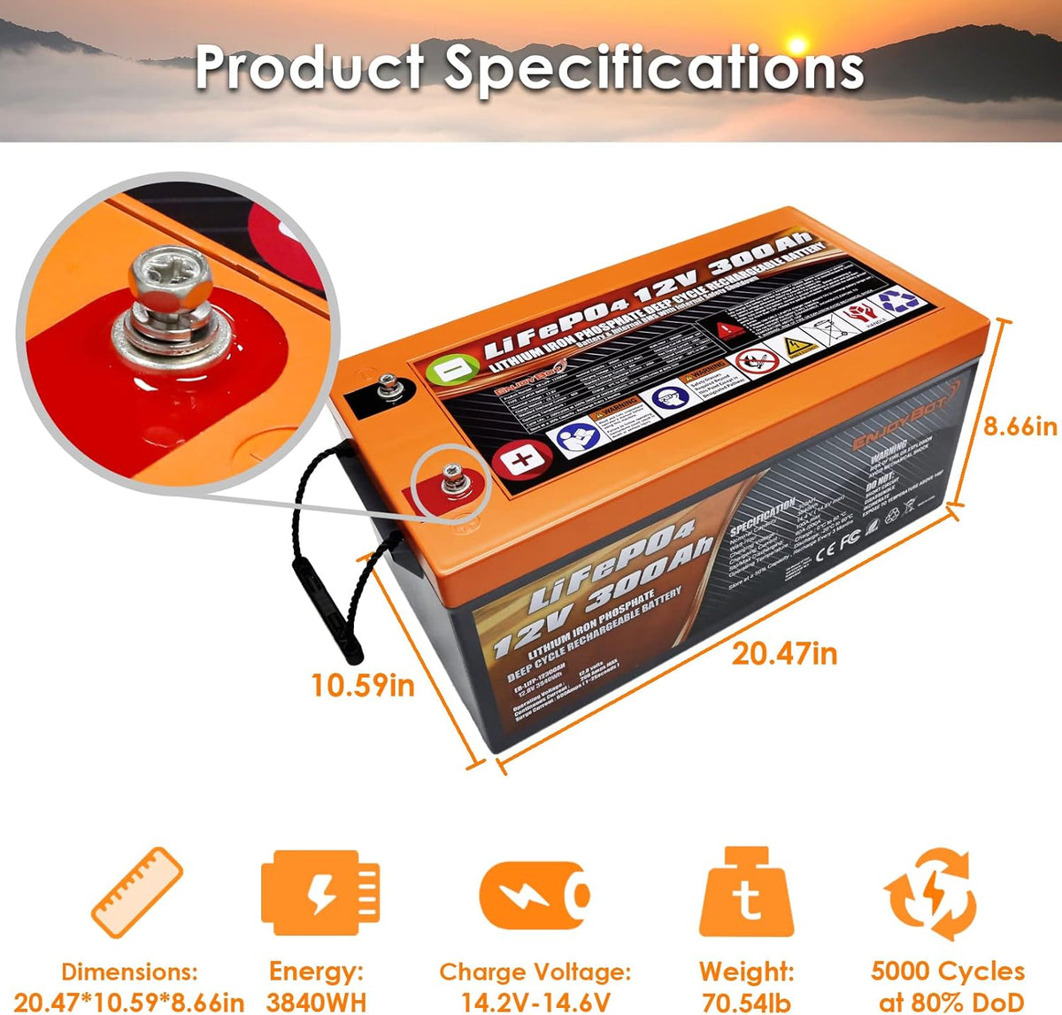 LiFePO4 12V 300Ah Lithium Iron Phosphate Battery with 200A BMS V874