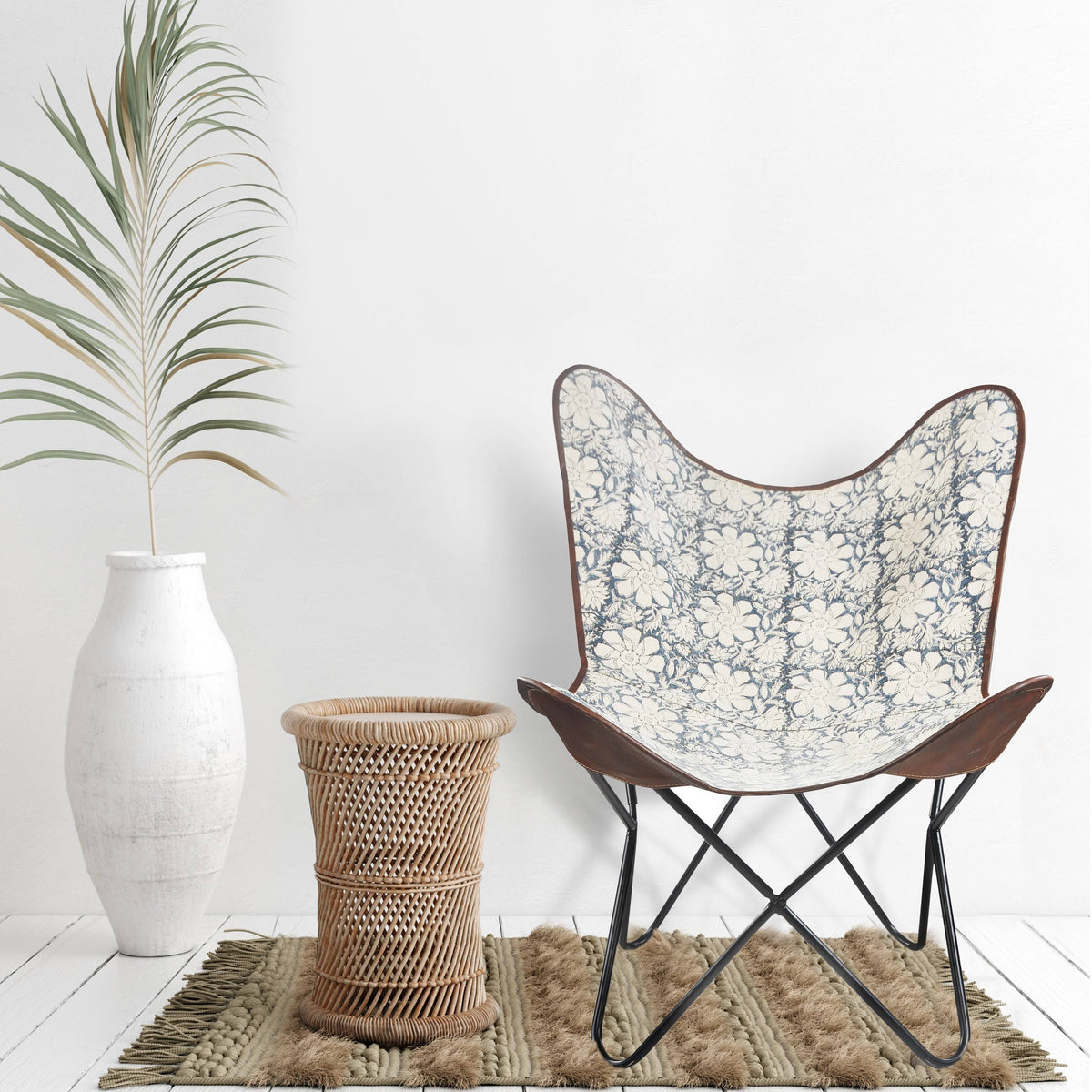 Blue/White/Brown Floral Canvas Faux Leather Butterfly Chair B46750