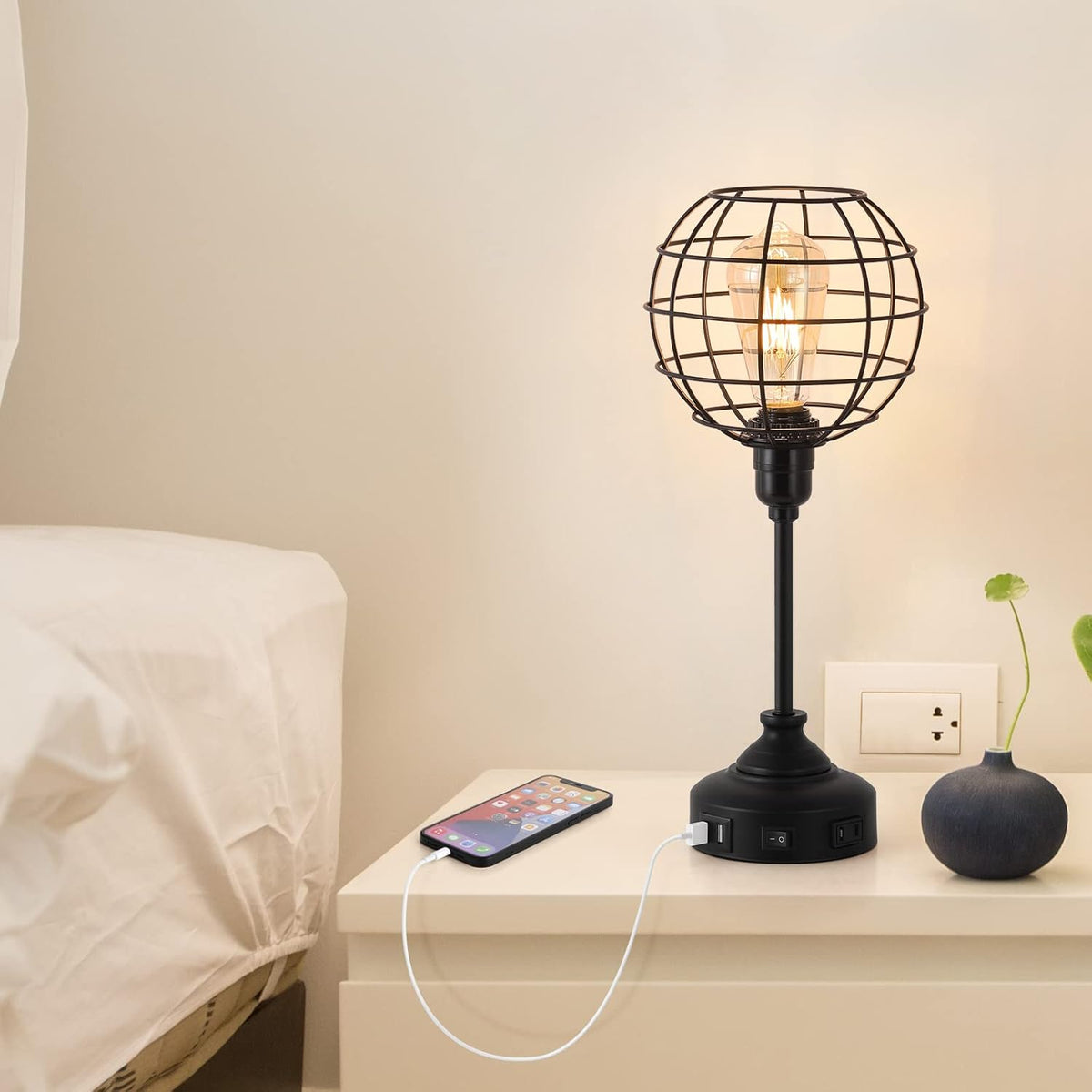 Industrial Table Lamp with USB Ports and Outlets E654356
