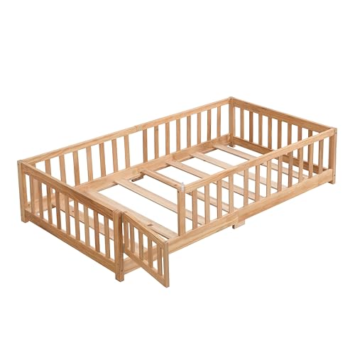 Gray Solid Wood Twin Size Floor Bed with Rails and Slats B465