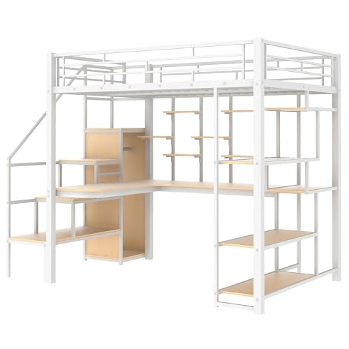 Black Full Size Metal Loft Bed with Storage Staircase and Wardrobe X339