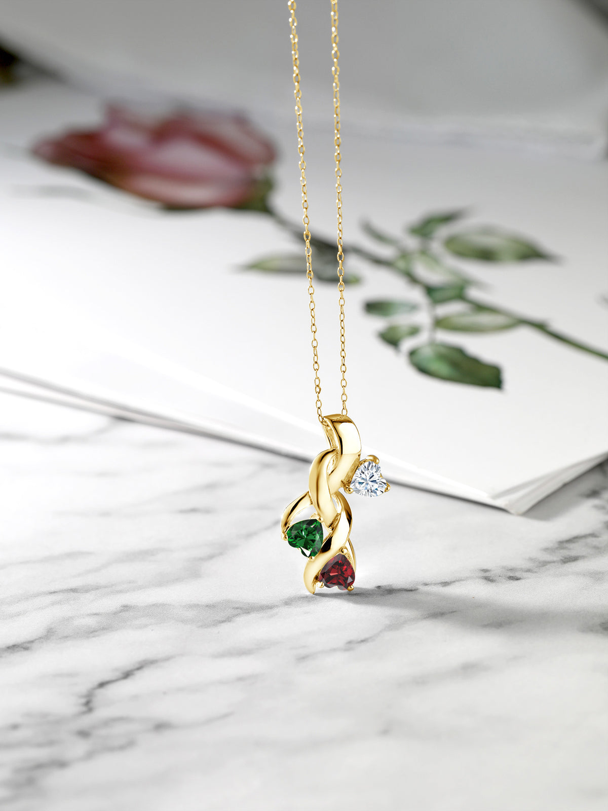 18K Yellow Gold Plated Silver White Moissanite Green Nano Emerald Red Garnet Heart Shape Pendant A135